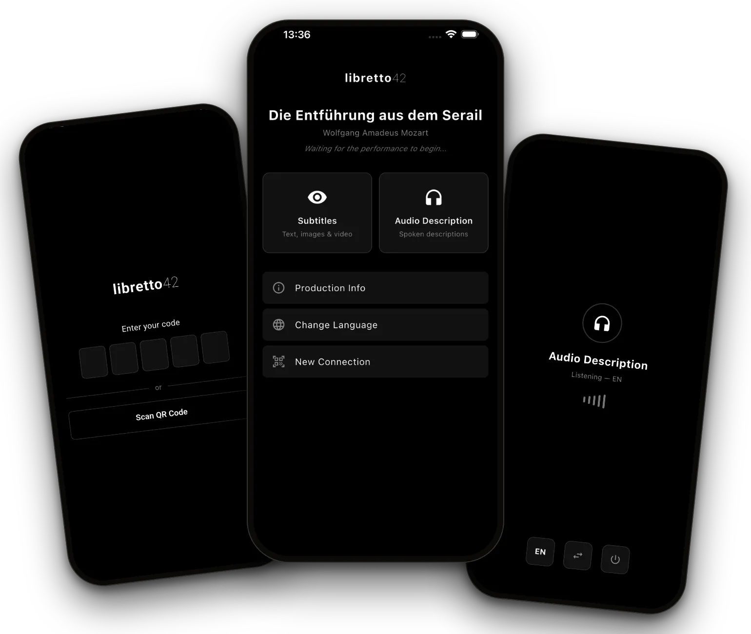 Three screens of the libretto42 app: connecting by code, choosing between subtitles and audio description, audio description playing