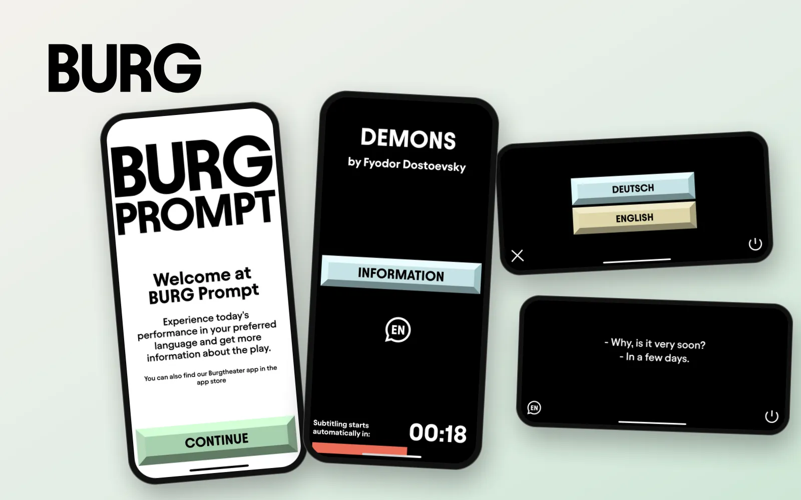 Die App „Burgtheater PROMPT“: Begrüßung, die Startseite zu „Demons“ mit Countdown bis zum Beginn der Untertitel, die Sprachauswahl Deutsch oder Englisch und englische Untertitel im Querformat