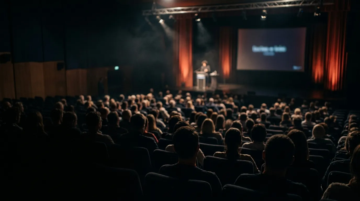 Blick von hinten über ein voll besetztes Auditorium im Halbdunkel auf eine Bühne mit roten Vorhängen, wo eine Person am Rednerpult vor einer großen Leinwand spricht