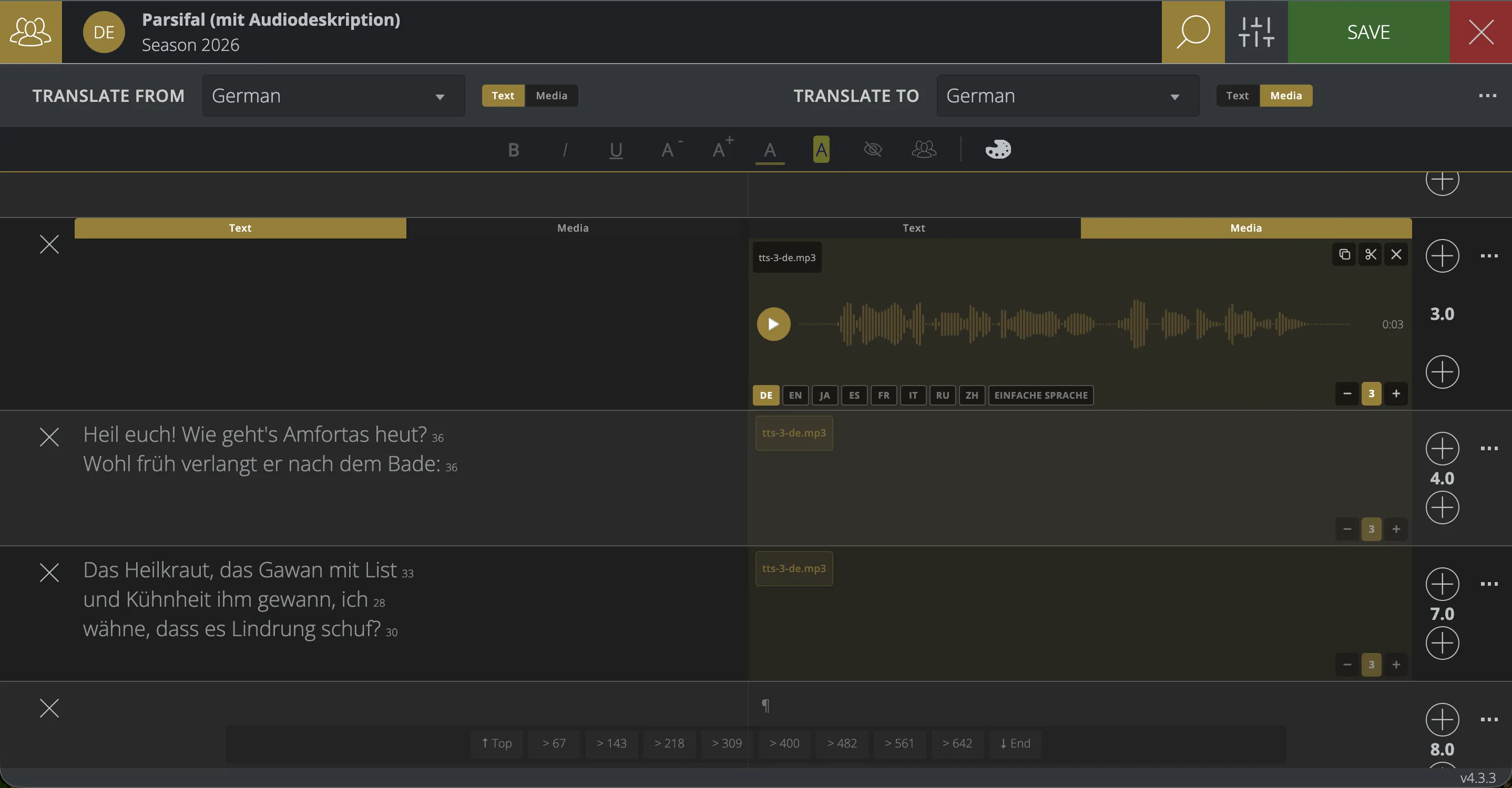 Cloud Editor for “Parsifal (mit Audiodeskription)”: German text on the left, the audio description on the right as an audio track spanning three frames