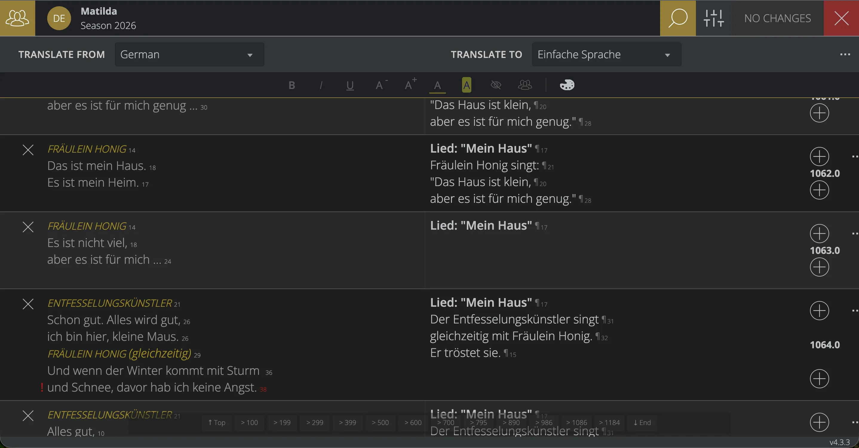 Cloud Editor for “Matilda”: German text on the left, the same lines in Einfache Sprache (German plain language) on the right