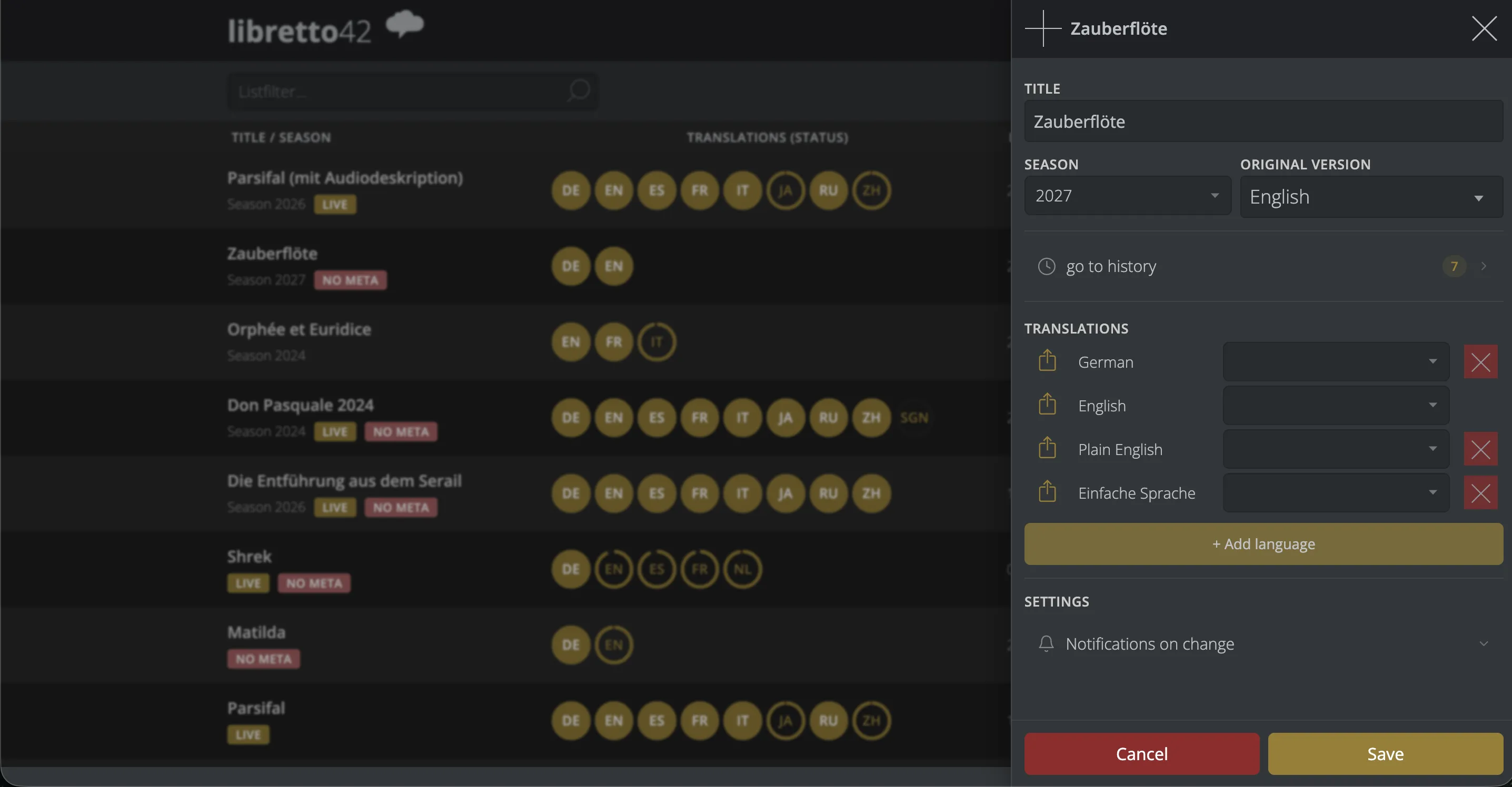Screenshot vom Dashboard, mit geöffneten Einstellungen