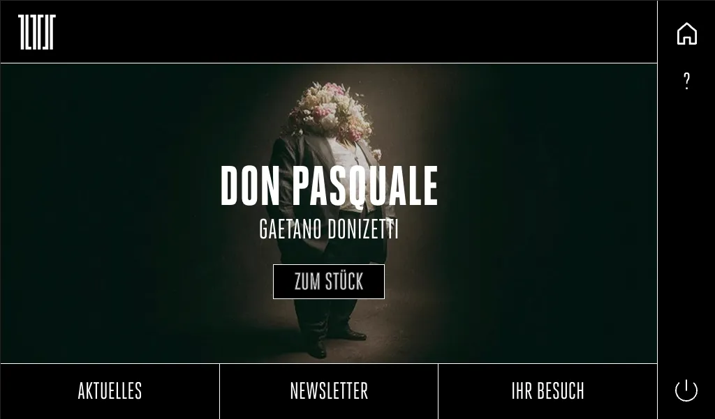 Screenshot infotainment42: Startseite am Sitzdisplay mit „Don Pasquale“ von Gaetano Donizetti, einer Schaltfläche „Zum Stück“ und den Menüpunkten Aktuelles, Newsletter und Ihr Besuch