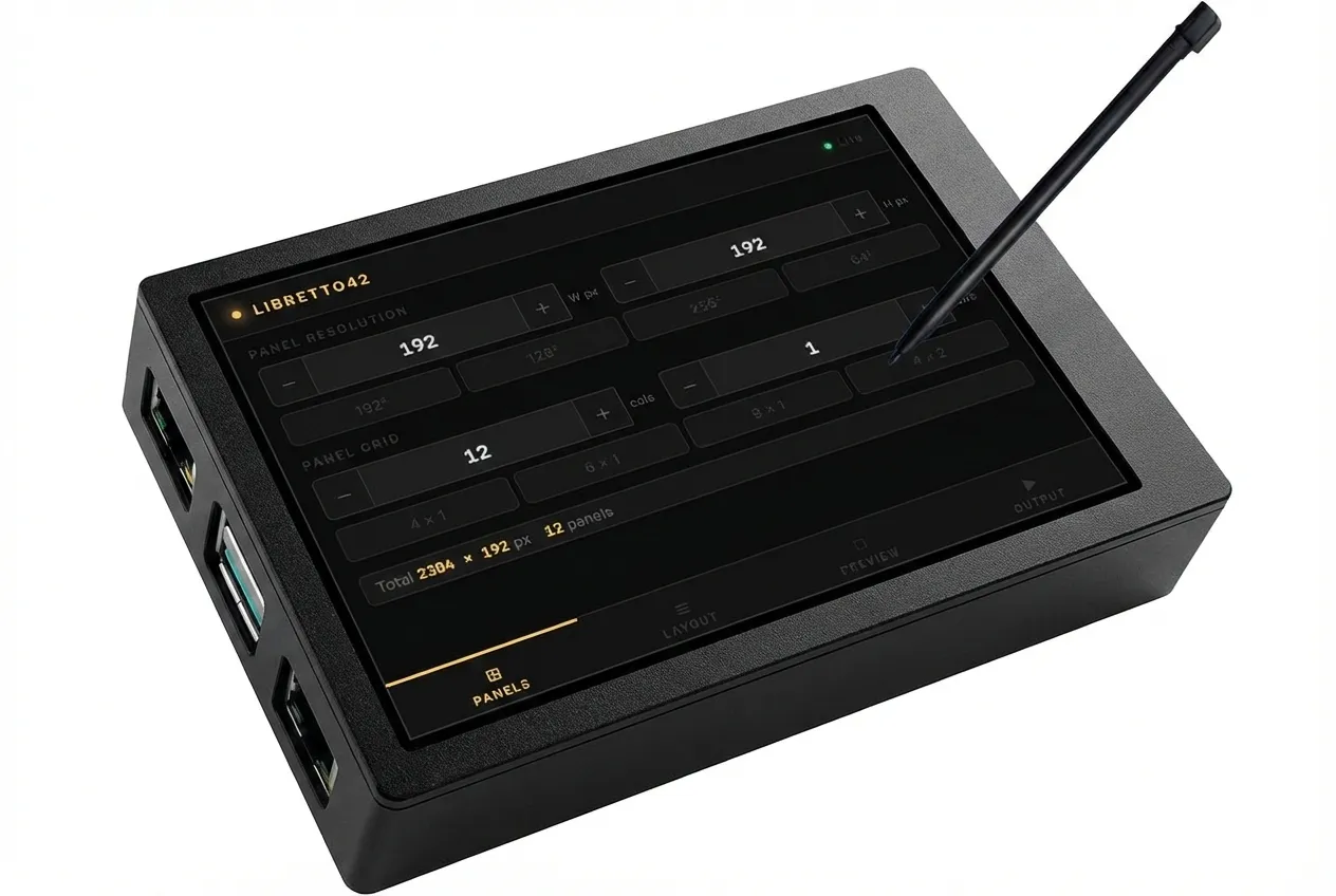 libretto42 Connector: compact black box with a touchscreen and connectors on the side