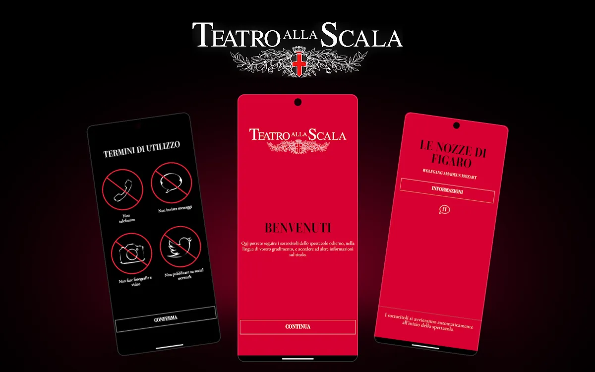 Die App „Libretto Scala“ im Design des Teatro alla Scala: Begrüßung, Regeln für den Saal und die Startseite zu „Le nozze di Figaro“