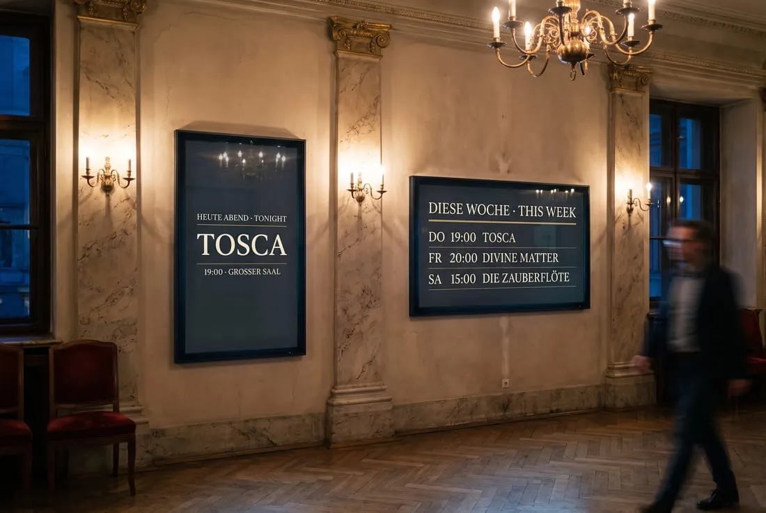 Foyer mit zwei signage42-Bildschirmen: Tosca heute Abend und das Programm der Woche