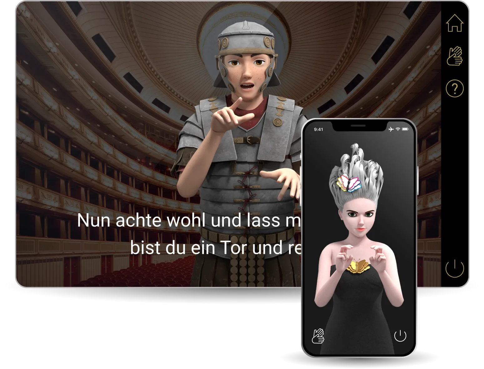 SiMAX avatar showing sign language on a seat display and a smartphone