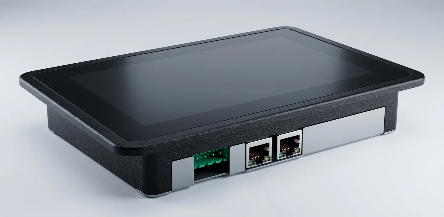 Seat display with a touchscreen in a flat black housing, two network ports and a power connector along the bottom edge