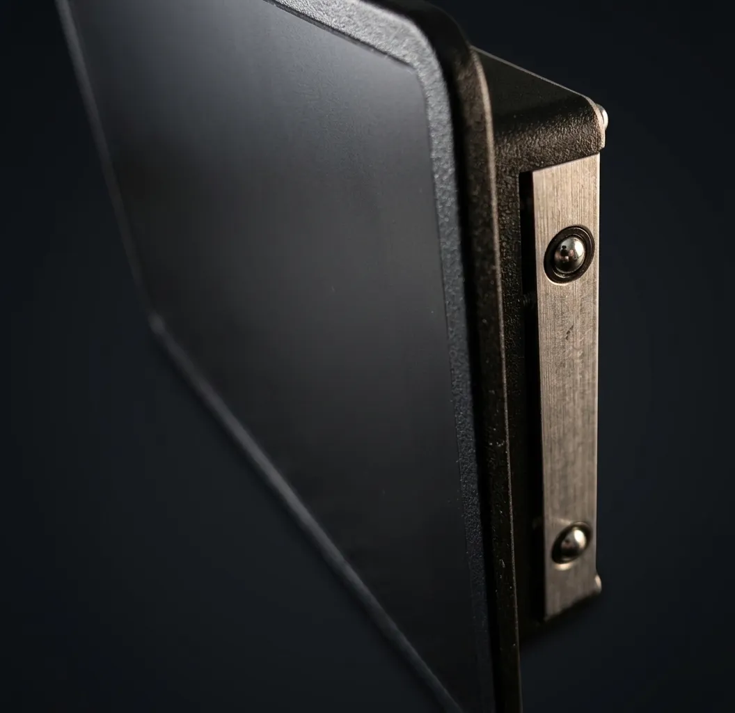 Detail of the bracket: seat display with a brushed metal rail and ball catch on the side